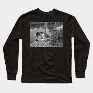 Small wooden boat moored to a quay heading on the Norfolk Broads Long Sleeve T-Shirt